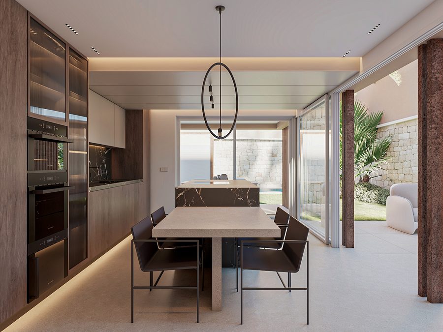 Render de cocina con detalle de materiales e iluminación