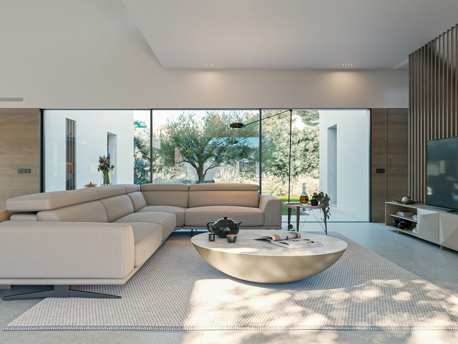 Render interior de salón amueblado con luz natural