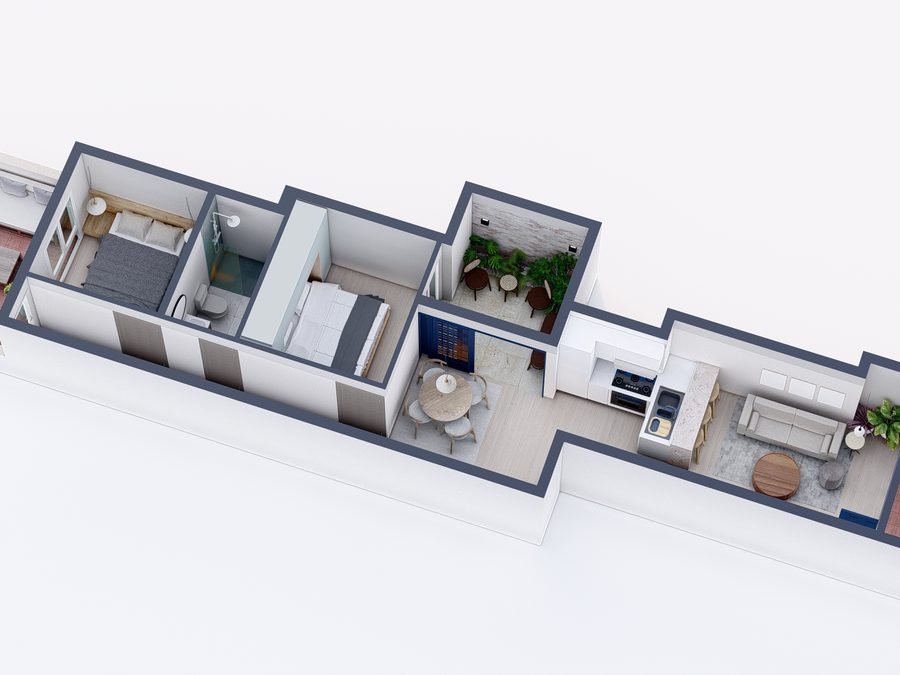 Planta amueblada 3D en vista isométrica de una vivienda